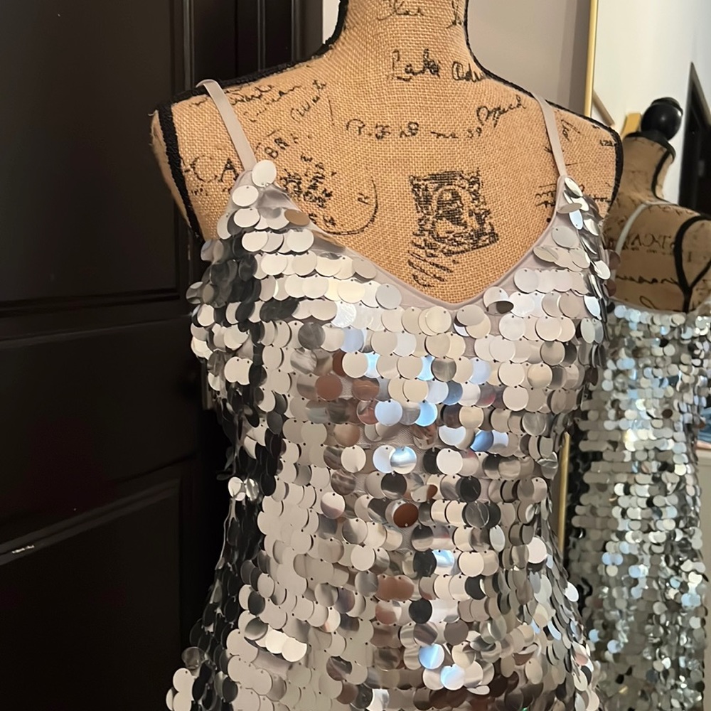GUESS - Women's Spaghetti Strap Silver Sequin Dress